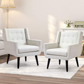 AVAWING Set of 2 Morden Accent Chair, Mid-Century Modern Upholstered Sofa Chair with Rubber Wood Legs, Comfy Linen Fabric Armchair for Living Room, Bedroom, Office (White)