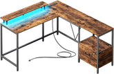PRAISUN L Shaped Office Desk with LED Lights and Power Outlets, Reversible Computer Desk with File Cabinet and Monitor Shelves, Home Office Desk, Corner Gaming Desk, Vintage Brown