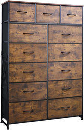 WLIVE Tall Dresser for Bedroom with 13 Drawers, Storage Dresser Organizer Unit, Fabric Dresser for Bedroom, Closet, Chest of Drawers, Steel Frame, Wood Top, Rustic Brown Wood Grain Print