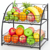 Fruit Basket for Kitchen,2 Tier Fruit and Veggie Storage Basket Holder for Kitchen Counter Countertop,Black Wire Kitchen Tiered Storage Baskets Containers Organizers for Produce Snacks Onions Potatoes