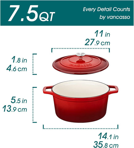 vancasso Round Dutch Ovens,9.3 QT Oval Enameled Coating Cast Iron Dutch Oven Pot for Baking, Red