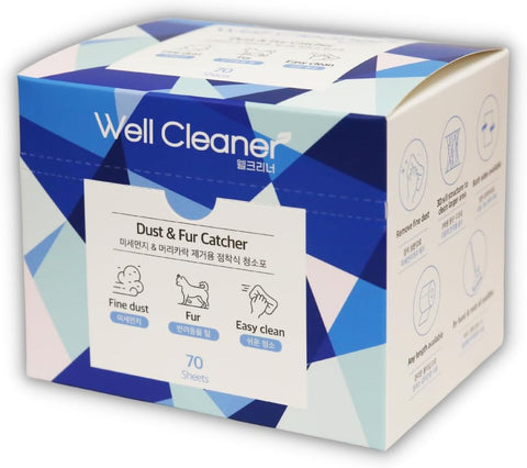 Well Cleaner - Dust Removal Sheet 70 sheets 5.1" x 5.5" each, double-sided, cleaning a breeze, easy sweep of floors, effectively trapping dust, dirt, fur, and hair on both dry and wet surfaces Sticky