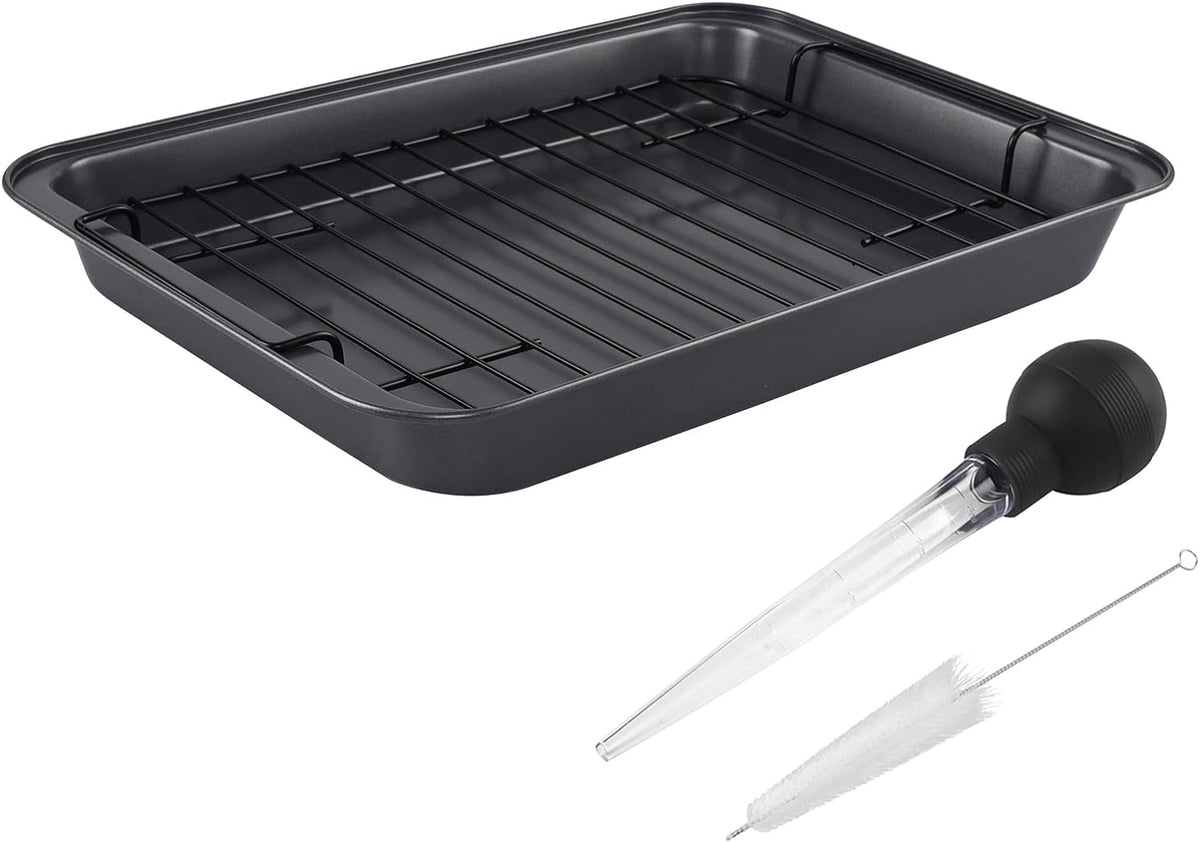 Kitcom Nonstick Roasting Pan with Rack, 16.5x11x2 Inch Turkey Roaster for Turkey, Chicken, Meat & Vegetables, Lasagna(Gray)