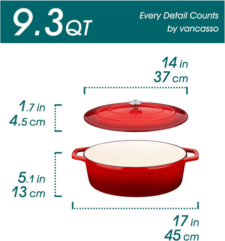 vancasso Round Dutch Ovens,9.3 QT Oval Enameled Coating Cast Iron Dutch Oven Pot for Baking, Red