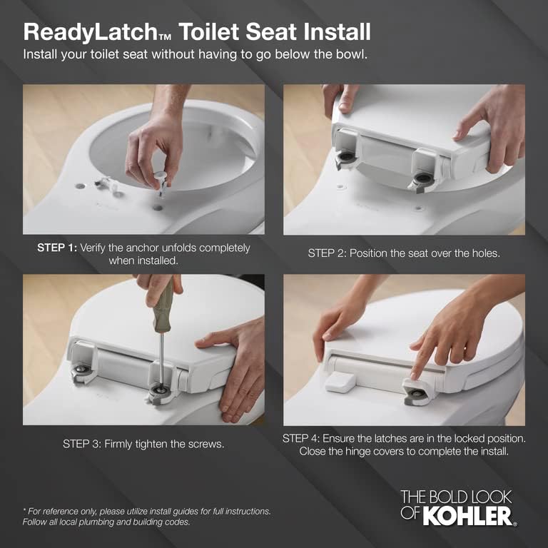 KOHLER 4636-RL-0 Cachet ReadyLatch Elongated Toilet Seat, Quiet-Close Lid and Seat, Countoured Seat, Grip-Tight Bumpers and Installation Hardware, White