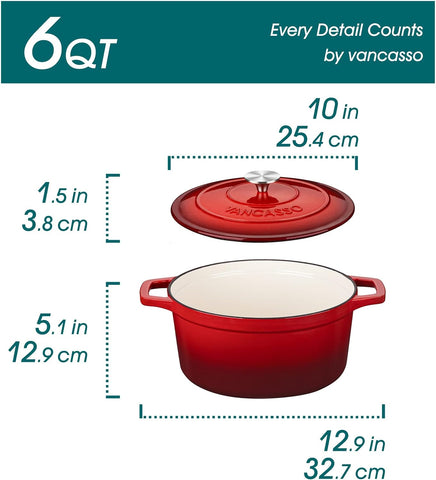 vancasso Round Dutch Ovens,9.3 QT Oval Enameled Coating Cast Iron Dutch Oven Pot for Baking, Red