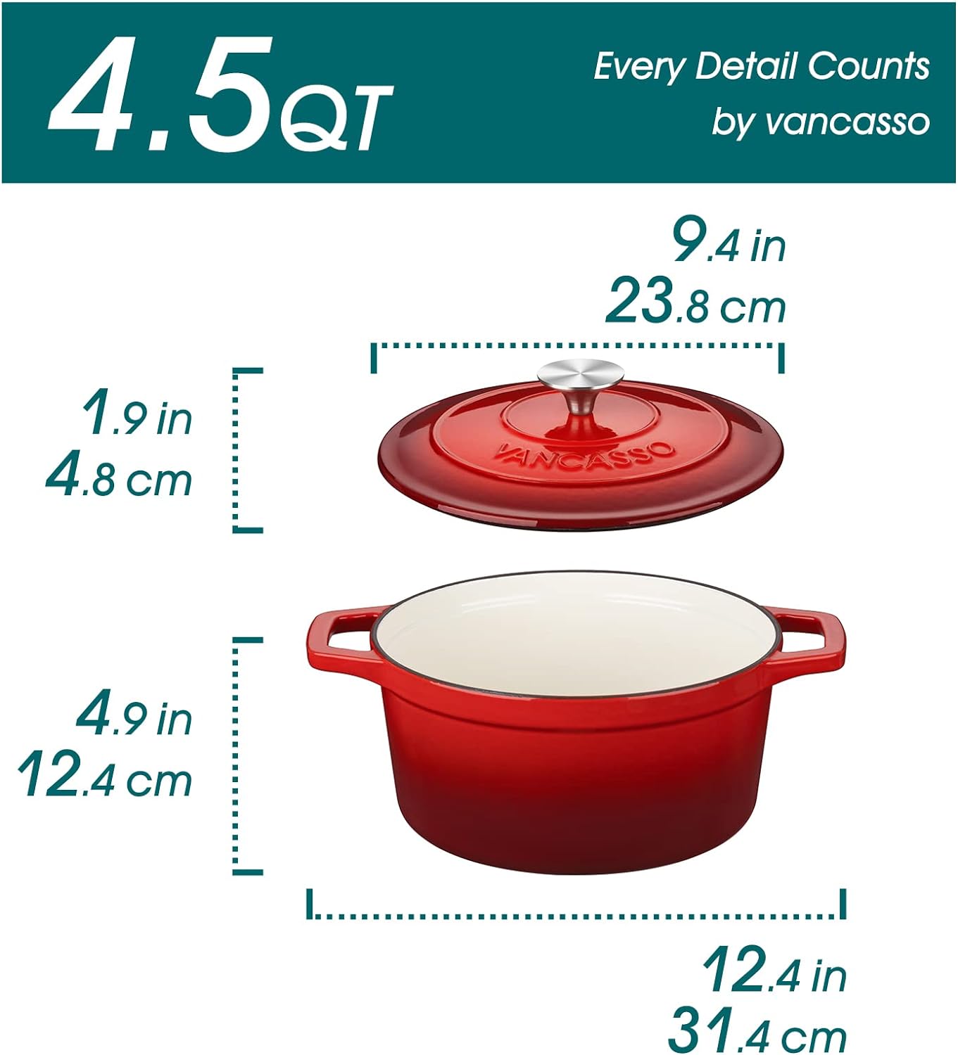 vancasso Round Dutch Ovens,9.3 QT Oval Enameled Coating Cast Iron Dutch Oven Pot for Baking, Red