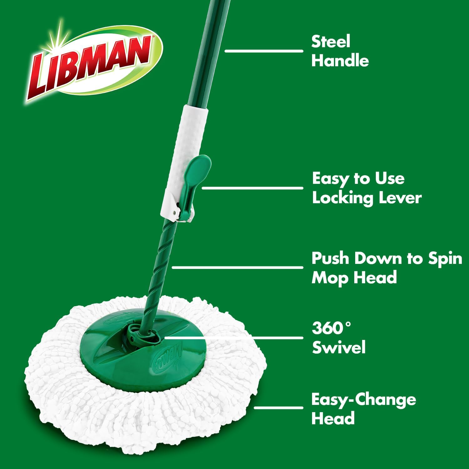 Libman Tornado Spin Mop System - Mop and Bucket with Wringer Set for Floor Cleaning - 2 Total Mop Heads Included, Green