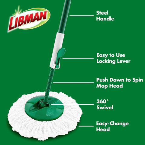 Libman Tornado Spin Mop System - Mop and Bucket with Wringer Set for Floor Cleaning - 2 Total Mop Heads Included, Green