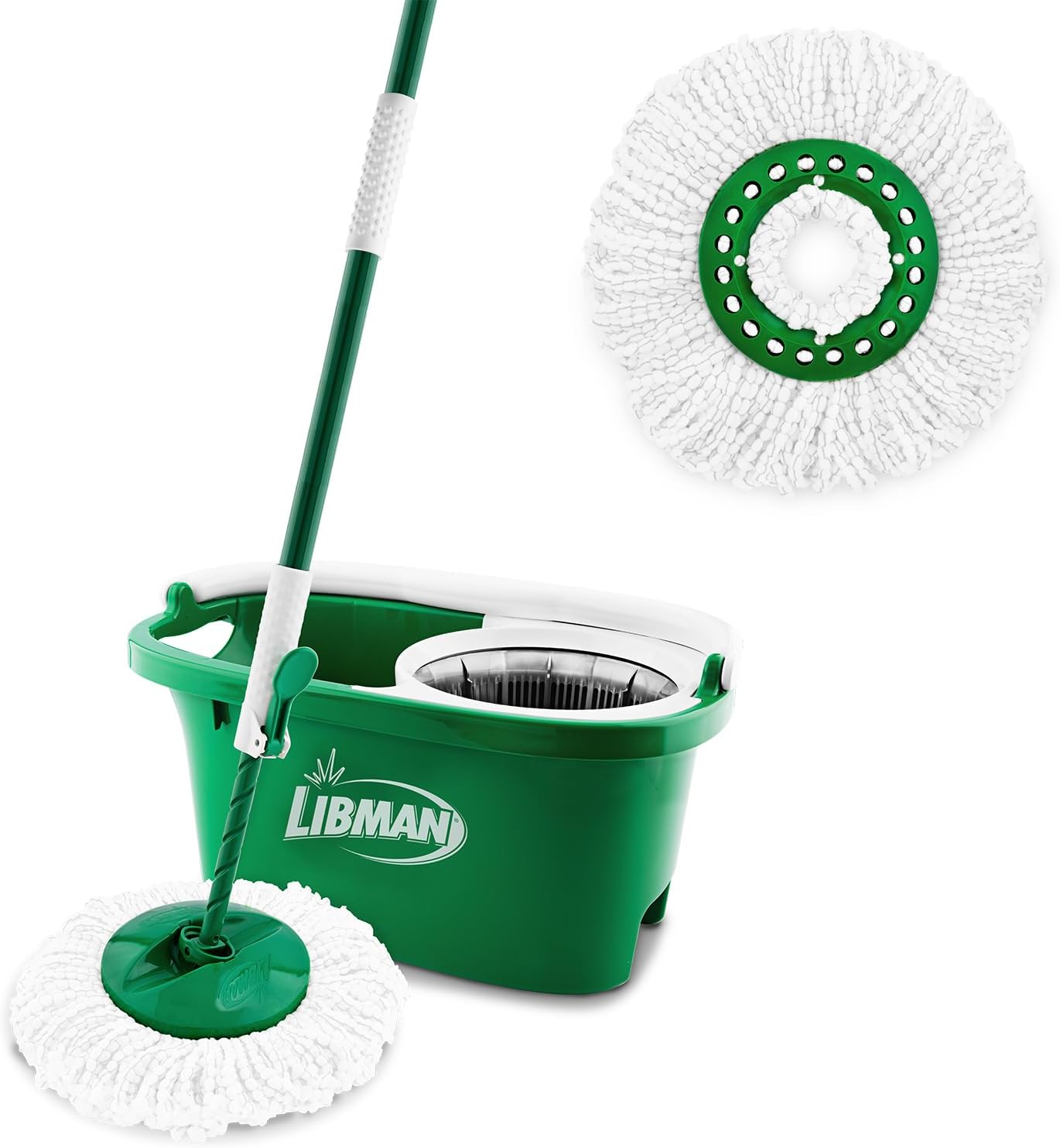 Libman Tornado Spin Mop System - Mop and Bucket with Wringer Set for Floor Cleaning - 2 Total Mop Heads Included, Green