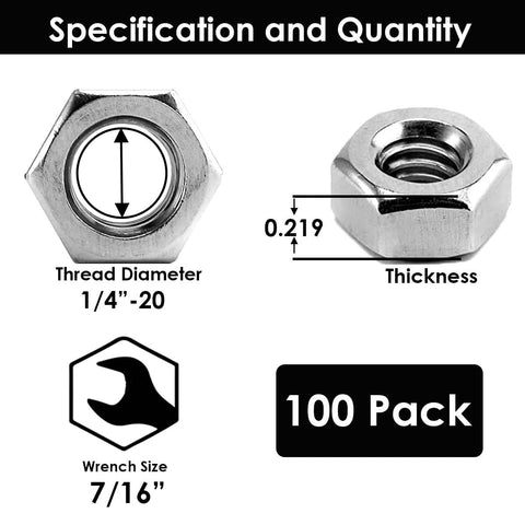 1/4"-20 Stainless Hex Nuts (100 Pack), 18-8 (304) Stainless Steel Finish Anti Corrosion Coarse Hex Nut Commercial Grade Hardware Nuts for Boats, Dock, Car by Bolt Dropper