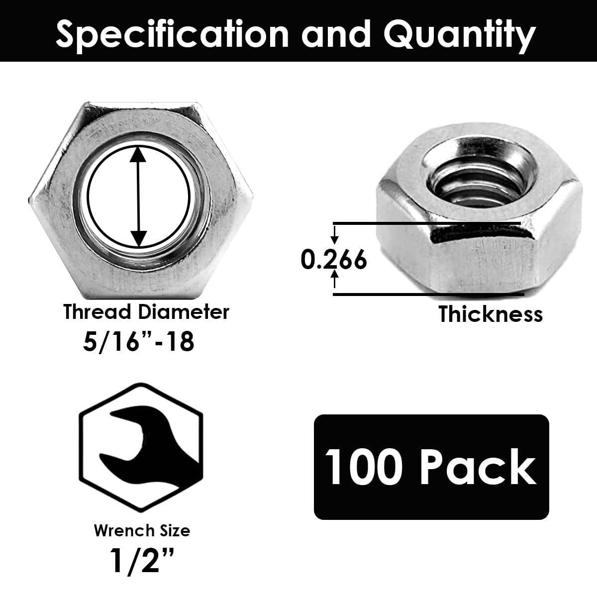 1/4"-20 Stainless Hex Nuts (100 Pack), 18-8 (304) Stainless Steel Finish Anti Corrosion Coarse Hex Nut Commercial Grade Hardware Nuts for Boats, Dock, Car by Bolt Dropper