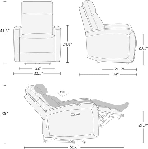 Watson & Whitely Recliner Chairs for Adults, Zero Wall Reclining Sofa Chair W Power Headrest Type-C Charger, Small Faux Leather RV Recliners Home Theater Seating for Living Room, Cognac Brown