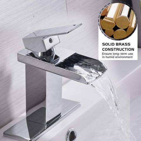 Homevacious Waterfall Bathroom Faucet,Chrome Single Handle Vanity Faucet,Modern Faucet for Bathroom Sink 1 Hole,Lavatory RV Mixer Tap with Brass Pop Up Drain and Water Supply Lines