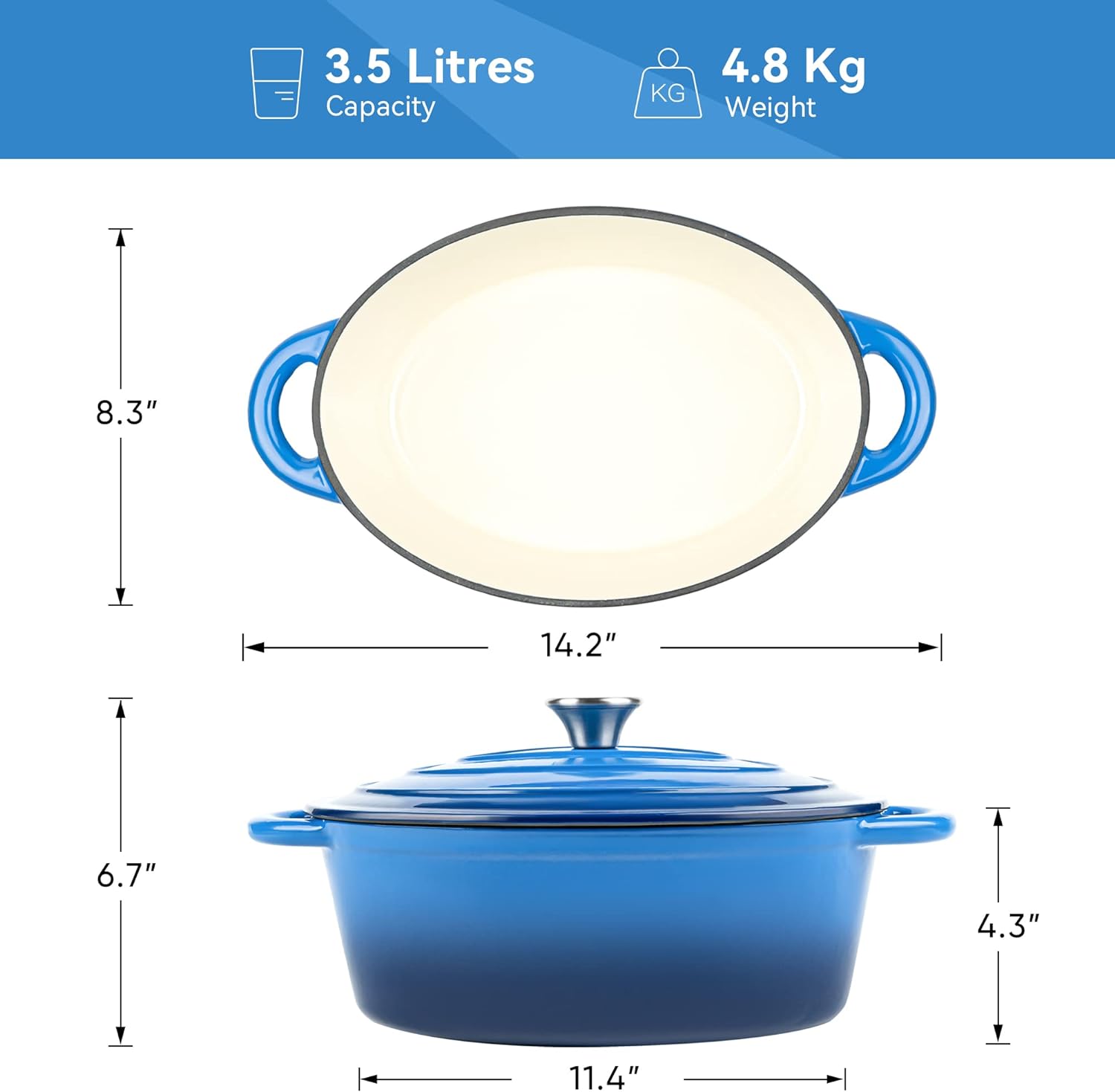 Kerilyn 4.5 QT Enameled Oval Dutch Oven Pot with Lid and Dual Handles, Cast Iron Dutch Oven for Cooking, Bread Baking, Non-stick Enamel Coated Cookware (Blue)