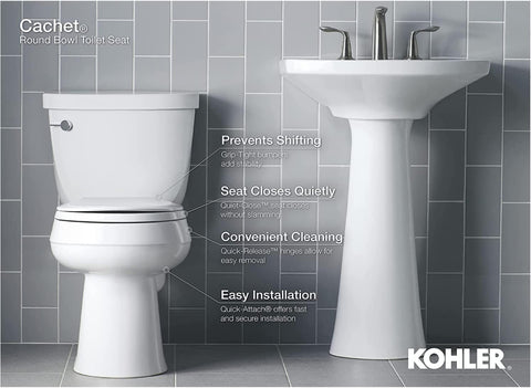 KOHLER 4636-RL-0 Cachet ReadyLatch Elongated Toilet Seat, Quiet-Close Lid and Seat, Countoured Seat, Grip-Tight Bumpers and Installation Hardware, White