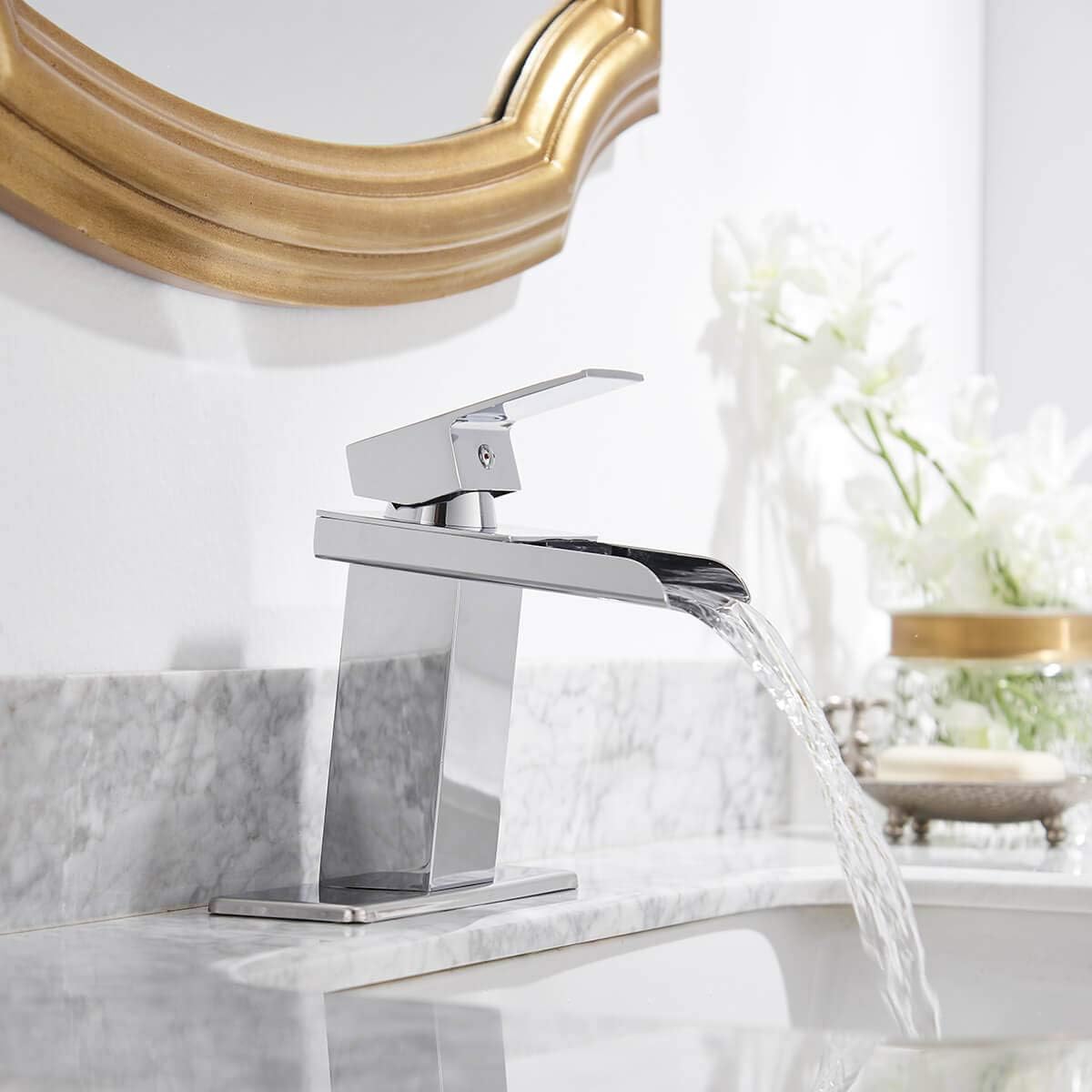 Homevacious Waterfall Bathroom Faucet,Chrome Single Handle Vanity Faucet,Modern Faucet for Bathroom Sink 1 Hole,Lavatory RV Mixer Tap with Brass Pop Up Drain and Water Supply Lines