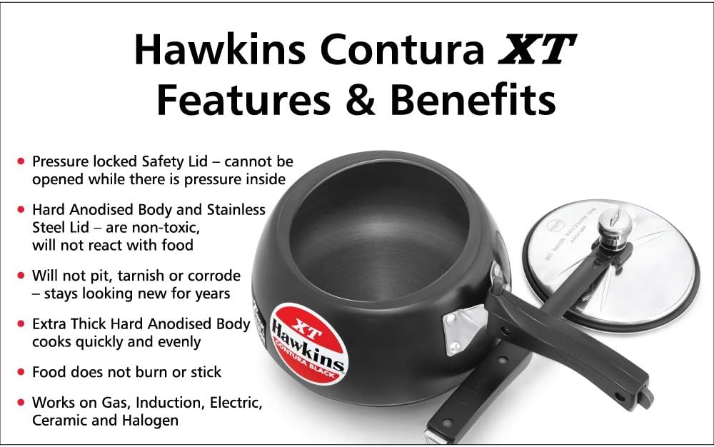 Hawkins CXT50 Contura Hard Anodized Induction Compatible Extra Thick Base Pressure Cooker, Black, 5L, 5 L