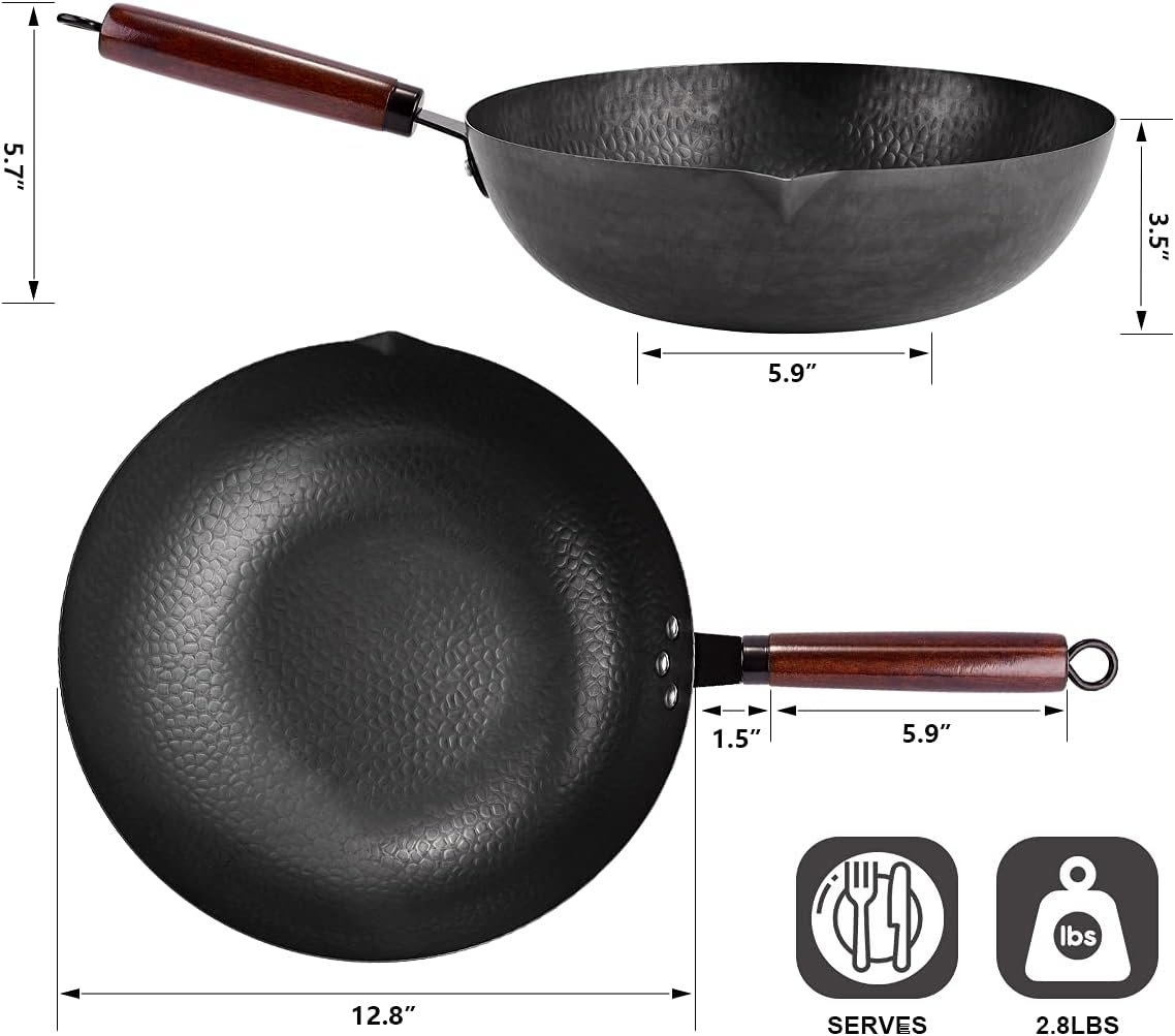 Leidawn 12.8" Carbon Steel Wok - 11Pcs Woks & Stir Fry Pans Wok Pan with Lid, No Chemical Coated Chinese Wok with 10 Cookware Accessories, Flat Bottom Wok for Electric, Induction,Gas Stoves