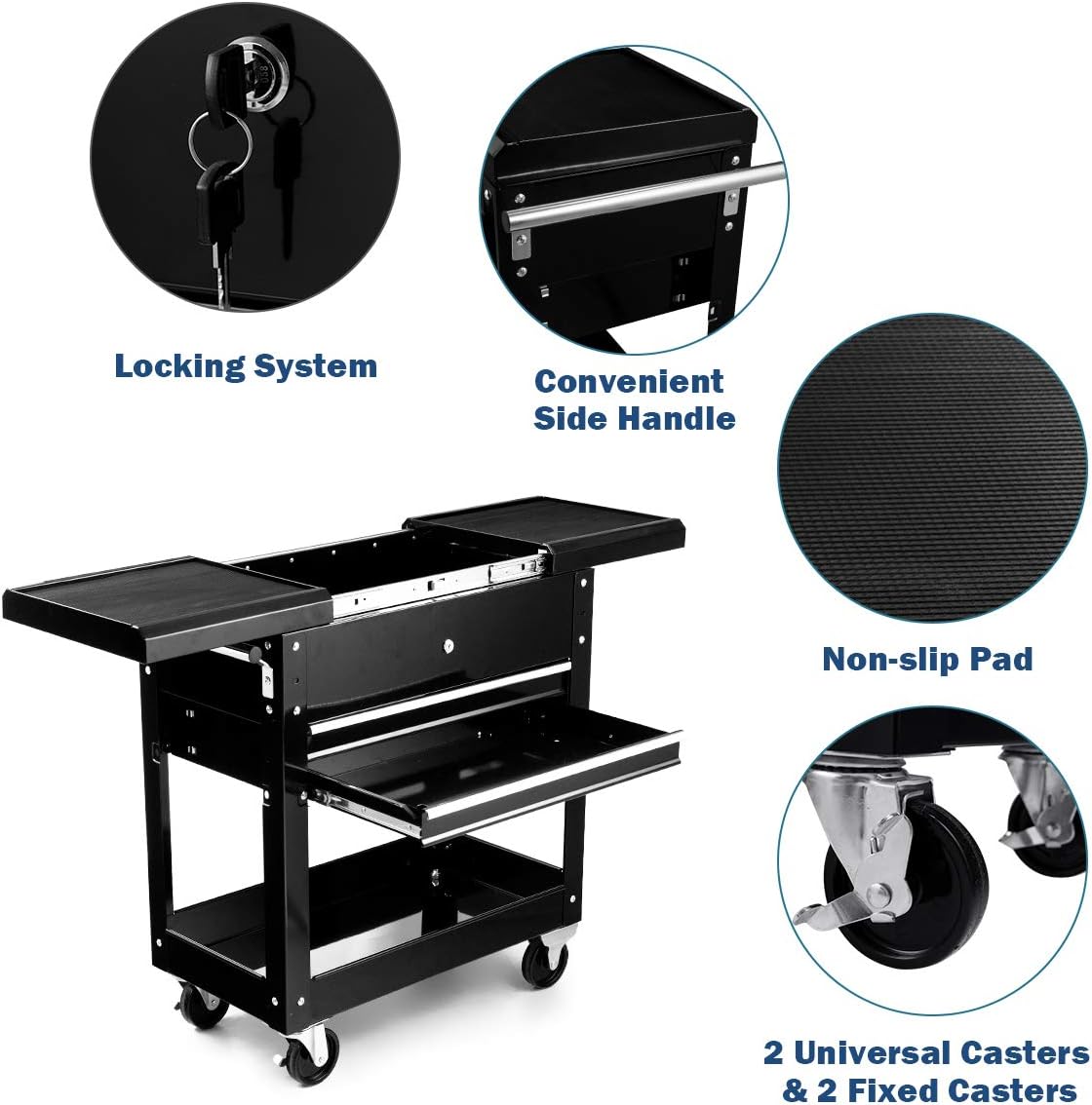 ERGOMASTER Utility Service Cart Tool on Wheels Heavy Duty Metal 4 Tiers Shelves with Drawers Tool Storage Organizer for Warehouse,Garage and Workshop