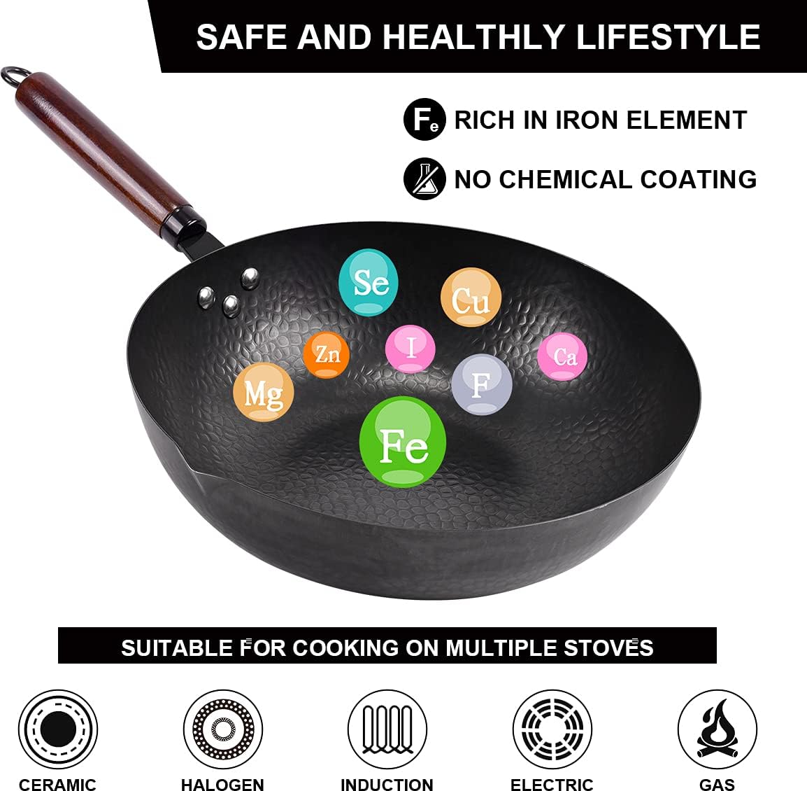 Leidawn 12.8" Carbon Steel Wok - 11Pcs Woks & Stir Fry Pans Wok Pan with Lid, No Chemical Coated Chinese Wok with 10 Cookware Accessories, Flat Bottom Wok for Electric, Induction,Gas Stoves