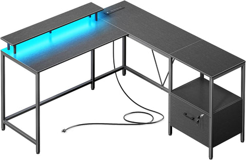 PRAISUN L Shaped Office Desk with LED Lights and Power Outlets, Reversible Computer Desk with File Cabinet and Monitor Shelves, Home Office Desk, Corner Gaming Desk, Vintage Brown