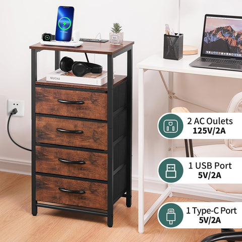 Yoobure Dresser with 4 Storage Drawers and Charging Station, Small Dresser for Bedroom, Tall Dressers & Chests of Drawers, Fabric Side Table for Closet, Nightstand Bedside Tables, Berry Brown