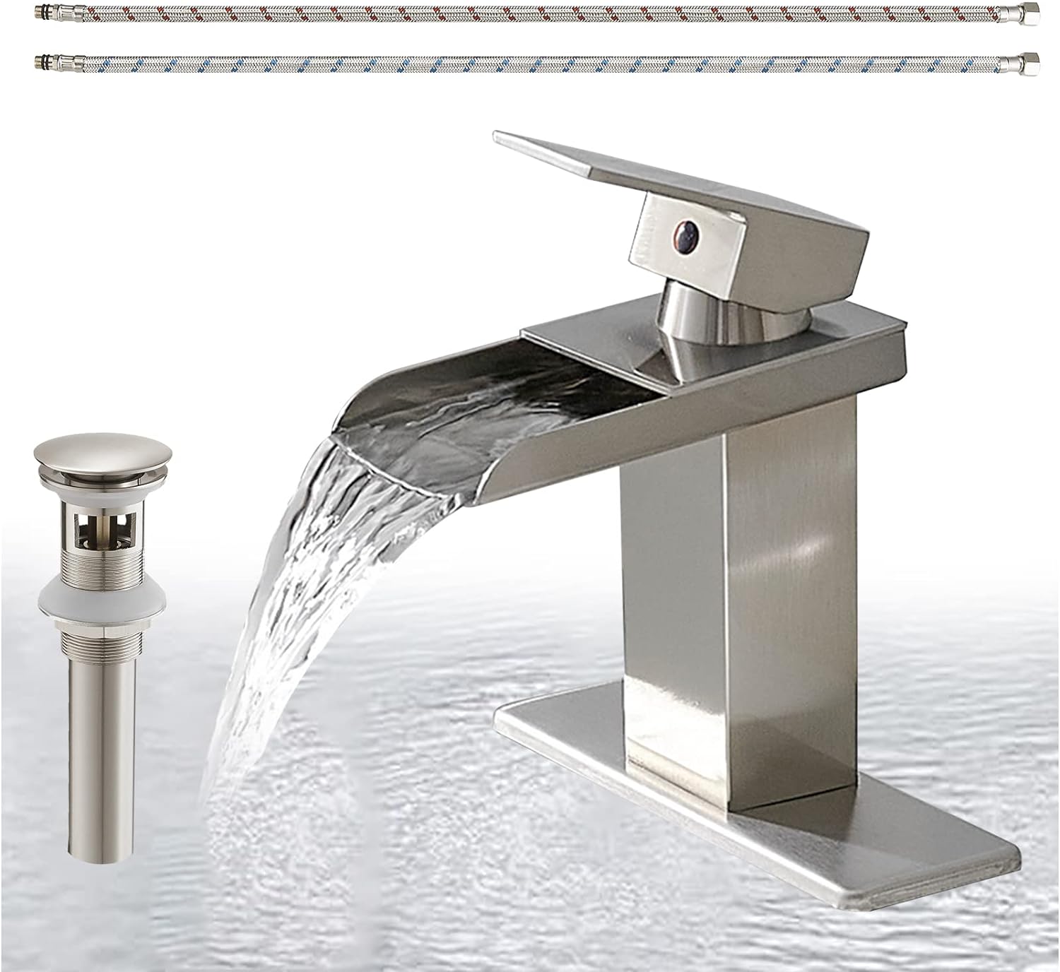 Homevacious Waterfall Bathroom Faucet,Chrome Single Handle Vanity Faucet,Modern Faucet for Bathroom Sink 1 Hole,Lavatory RV Mixer Tap with Brass Pop Up Drain and Water Supply Lines