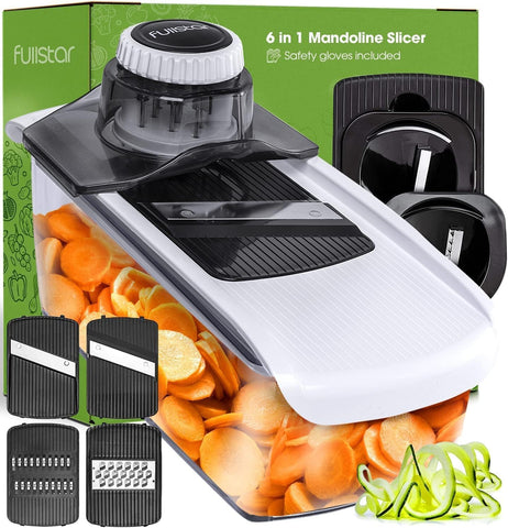 Fullstar Mandoline Slicer for Kitchen, Cheese Grater Vegetable Spiralizer and Veggie Slicer for Cooking & Meal Prep, Kitchen Gadgets Organizer & Safety Glove Included (6 in 1, White)