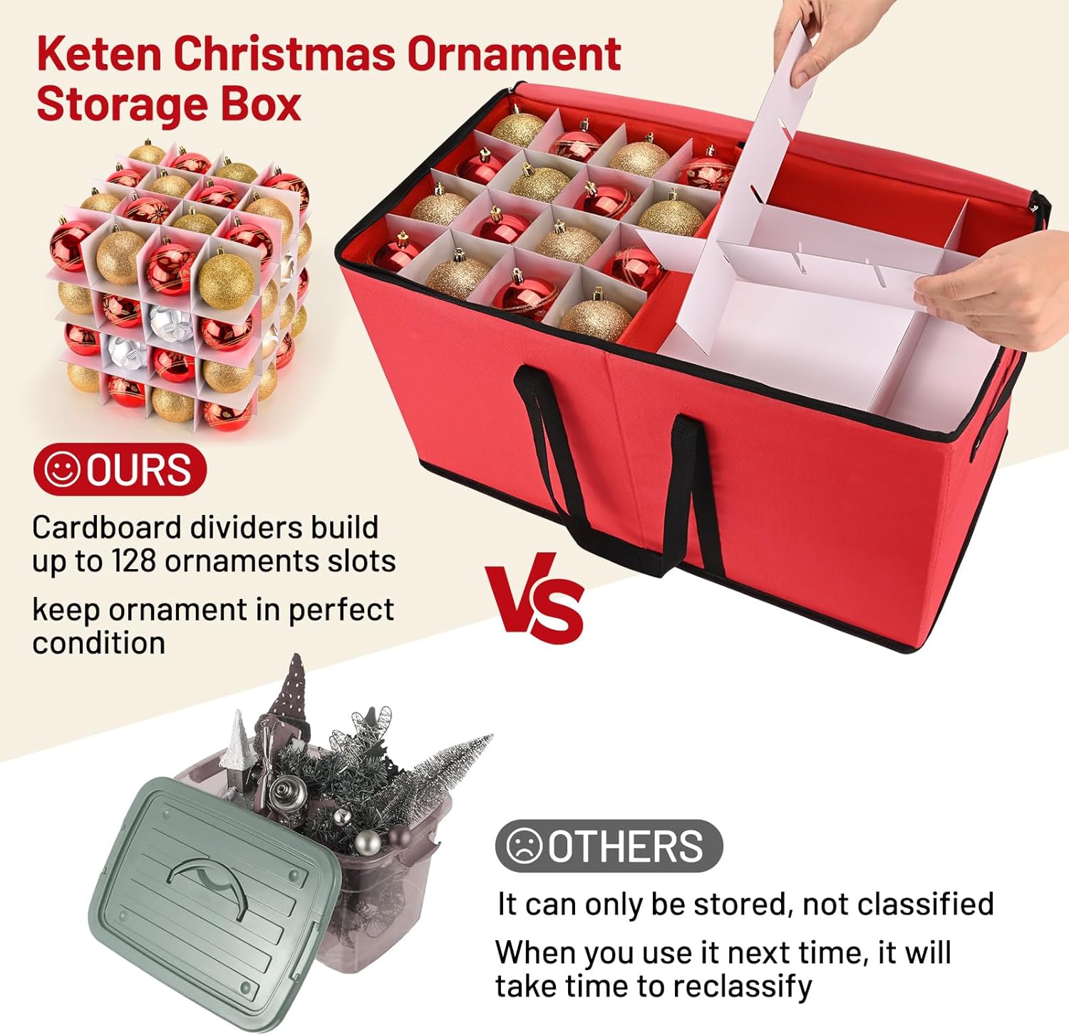 Keten Christmas Ornament Storage, Ornament Storage Box Fits 128 Holiday Ornaments 3-Inch,with Adjustable Dividers & Pockets, Dual Zipper Closure, 600D Tear-Proof Fabric (Green)