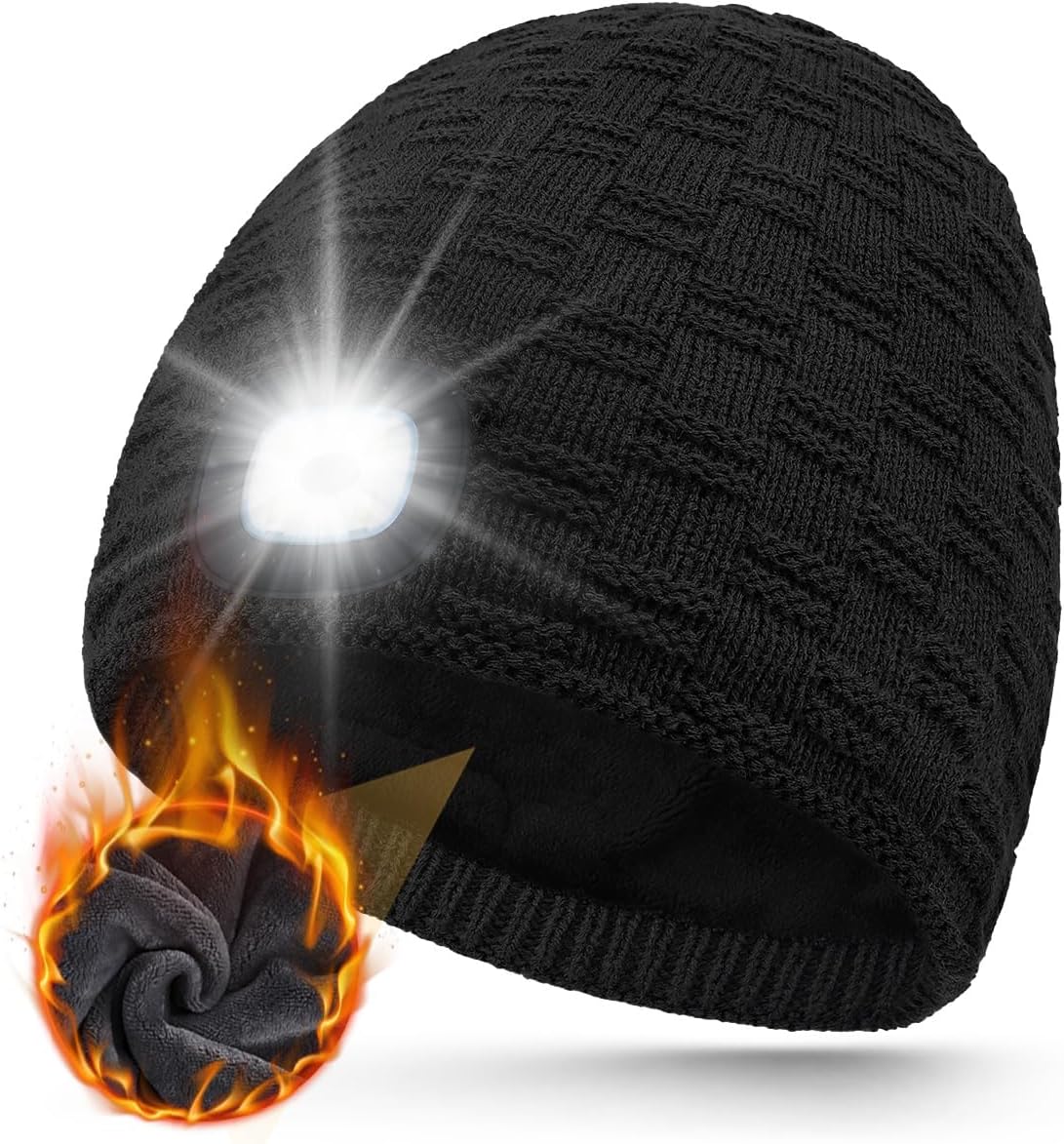 MOXTOYU Unisex Fleece Lined Thicken Beanie with Light, Stocking Stuffers Gifts for Men Women, USB Rechargeable LED Beanie