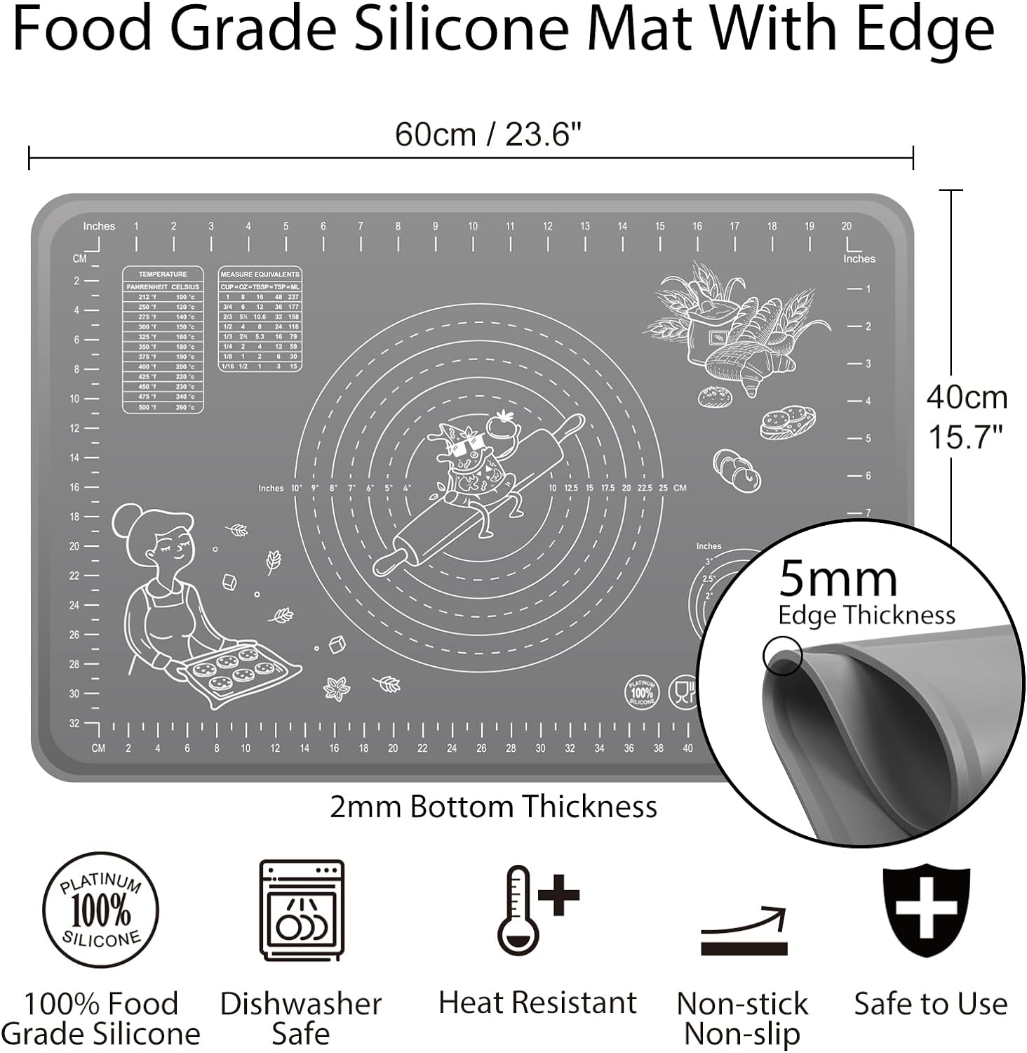 Silicone Pastry Mat Extra Thick Non-stick Baking Mat, 28" x 20" Rolling Dough With Measurements Non-slip Silicone Mat, Kneading Mat, Counter Mat, Dough Mat with Edge Heightening