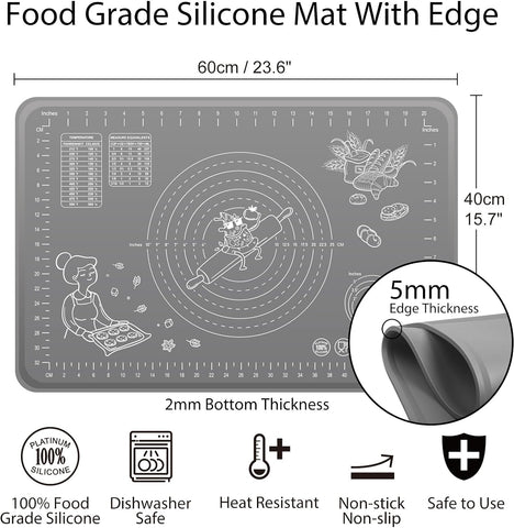 Silicone Pastry Mat Extra Thick Non-stick Baking Mat, 28" x 20" Rolling Dough With Measurements Non-slip Silicone Mat, Kneading Mat, Counter Mat, Dough Mat with Edge Heightening