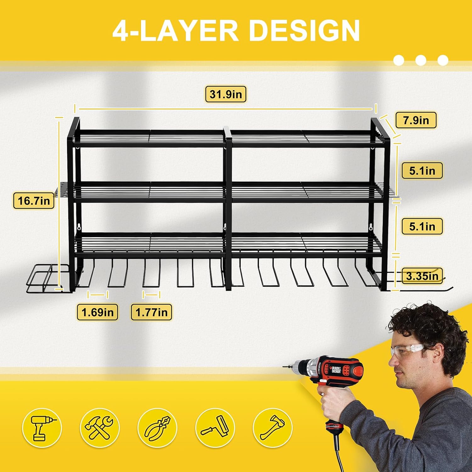 LADER Power Tool Organizer, 8 Drill Holder Wall Mounted, 4 Layer Heavy Duty Metal Tool Shelf, Garage Tool Organizer and Tool Storage Rack with Screwdriver Holder/Plier Holder/Hammer Holder