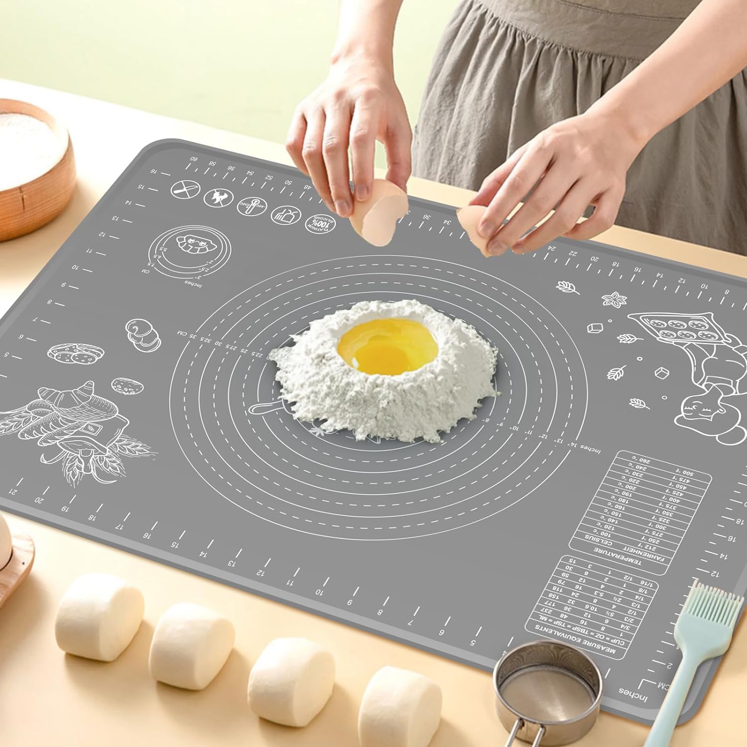 Silicone Pastry Mat Extra Thick Non-stick Baking Mat, 28" x 20" Rolling Dough With Measurements Non-slip Silicone Mat, Kneading Mat, Counter Mat, Dough Mat with Edge Heightening