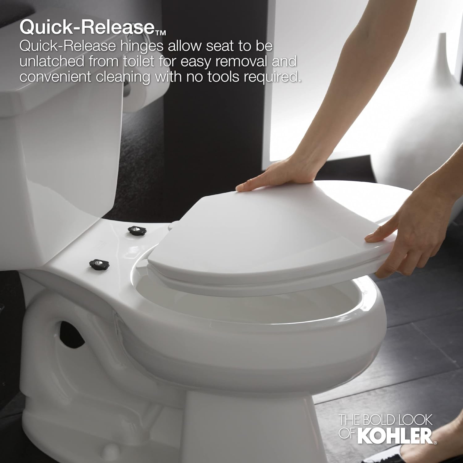 KOHLER 4636-RL-0 Cachet ReadyLatch Elongated Toilet Seat, Quiet-Close Lid and Seat, Countoured Seat, Grip-Tight Bumpers and Installation Hardware, White