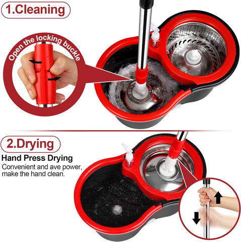 Spin Mop and Bucket with Wringer Set, 360° Spinning Mop Bucket System with 3 Microfiber Mop Replacement Heads and 61" Stainless Steel Adjustable Handle for Floor Cleaning (20QT)