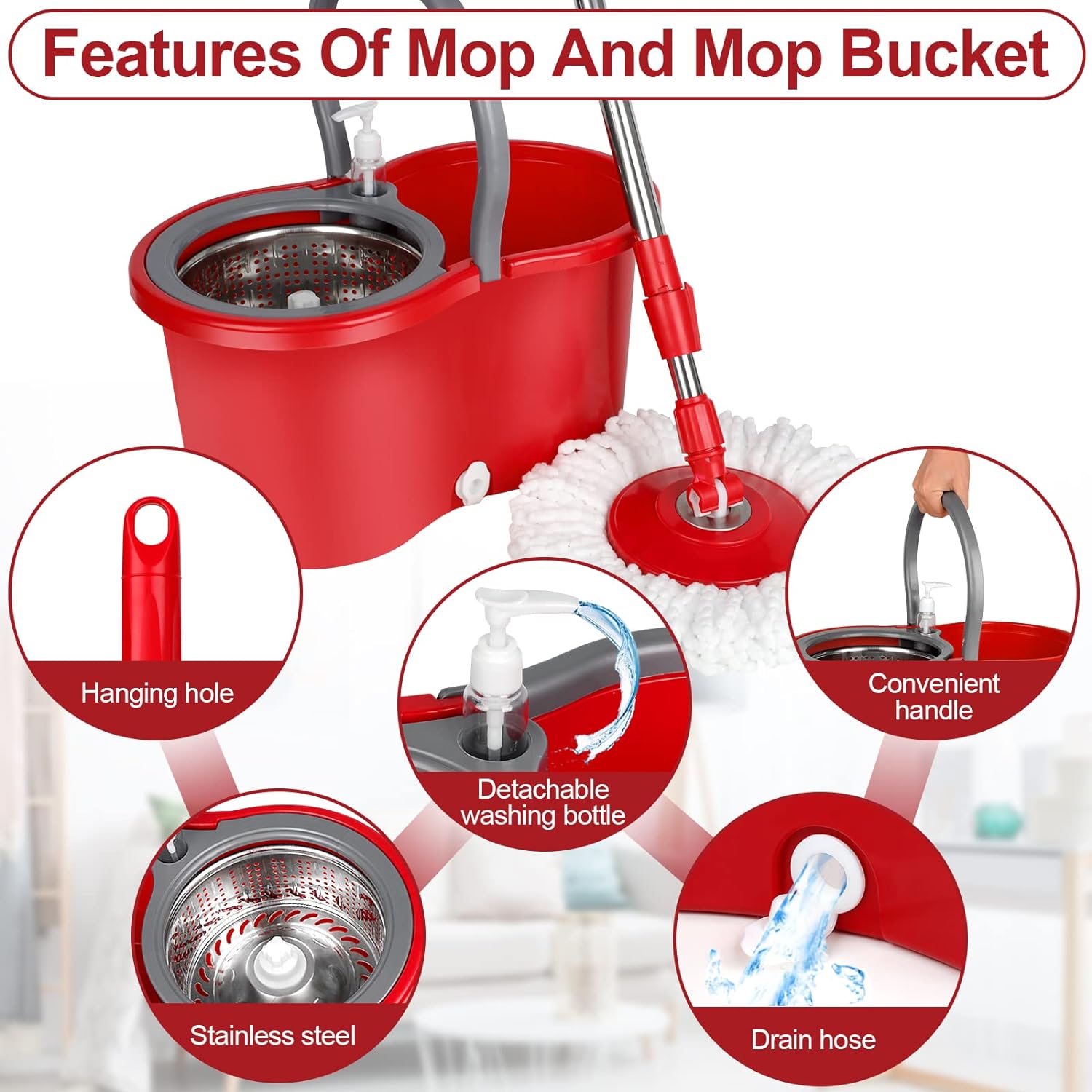 Spin Mop and Bucket with Wringer Set, 360° Spinning Mop Bucket System with 3 Microfiber Mop Replacement Heads and 61" Stainless Steel Adjustable Handle for Floor Cleaning (20QT)