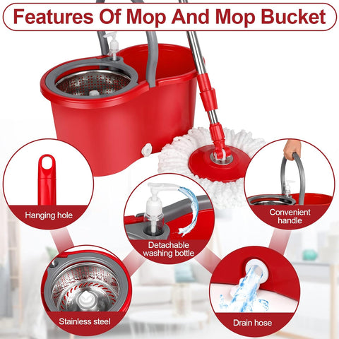 Spin Mop and Bucket with Wringer Set, 360° Spinning Mop Bucket System with 3 Microfiber Mop Replacement Heads and 61" Stainless Steel Adjustable Handle for Floor Cleaning (20QT)