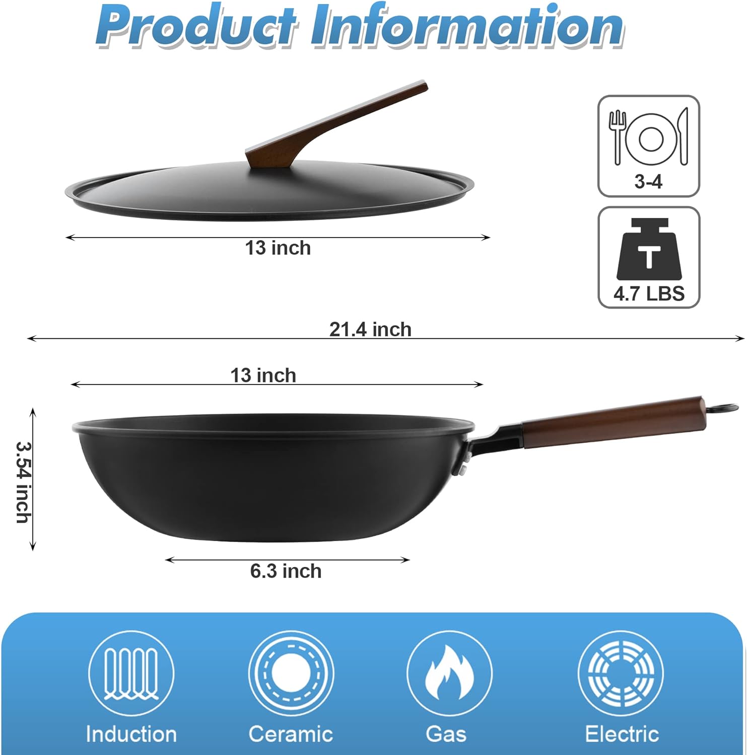 Bielmeier 13" Wok Pan, Woks and Stir Fry Pans with Lid, No Chemical Coated Wok with Spatula, Chopsticks and Loofah Root, Flat Bottom Carbon Steel Wok Suits for All Stoves