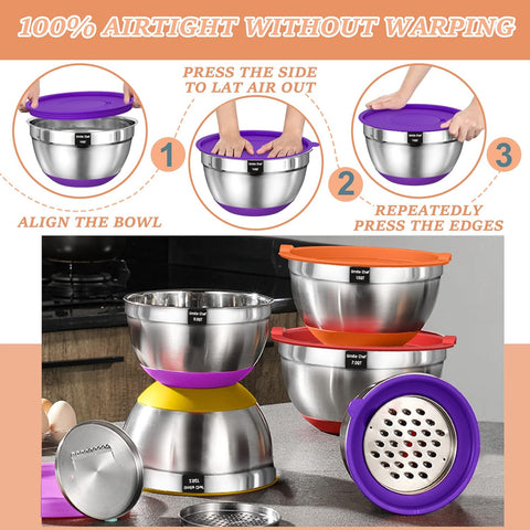 Mixing Bowls with Airtight Lids Set, 26PCS Stainless Steel Khaki Bowls with Grater Attachments, Non-Slip Bottoms & Kitchen Gadgets Set, Size 7, 4, 2.5, 2.0,1.5, 1QT, Great for Mixing & Serving