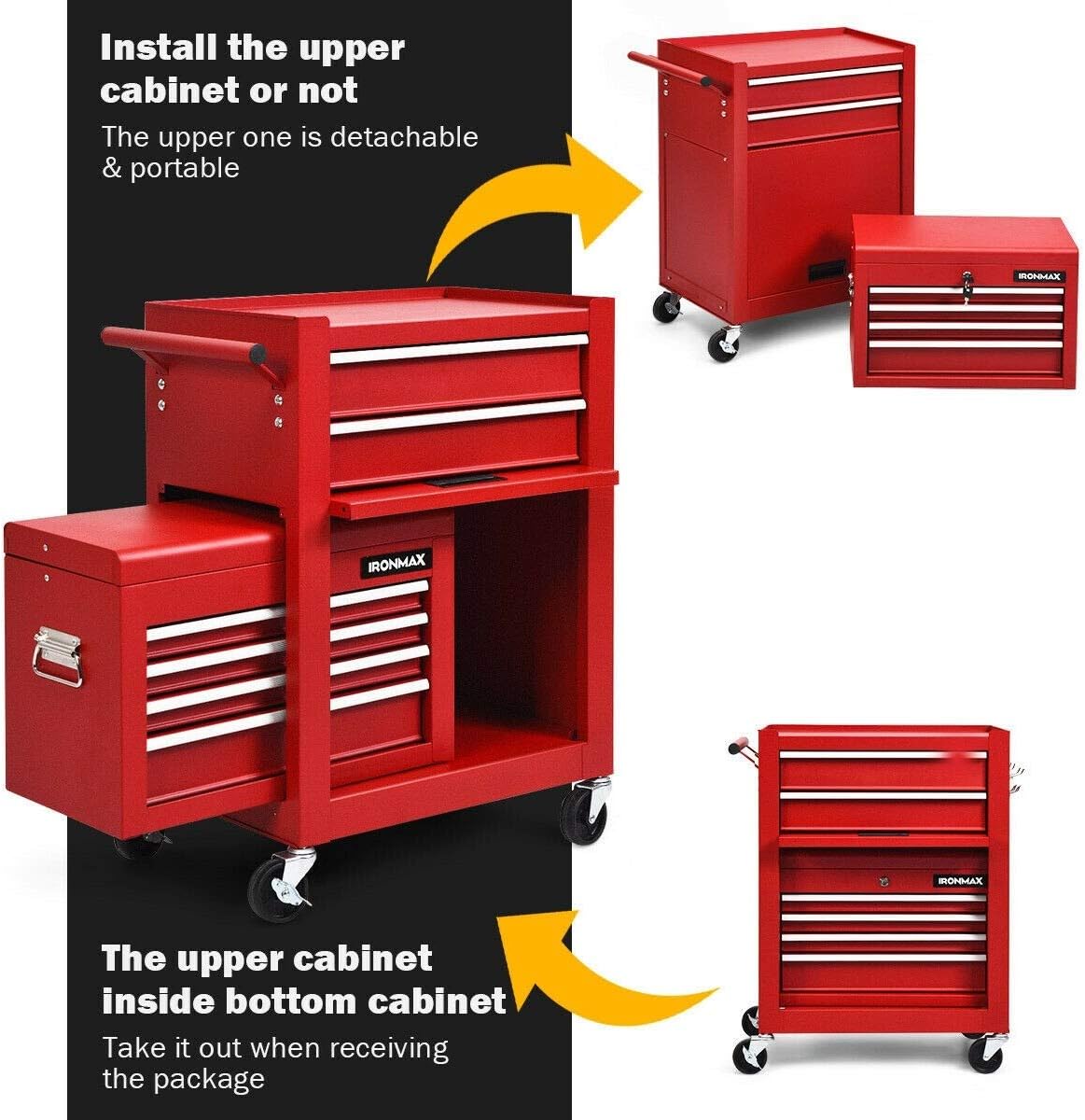 ERGOMASTER Utility Service Cart Tool on Wheels Heavy Duty Metal 4 Tiers Shelves with Drawers Tool Storage Organizer for Warehouse,Garage and Workshop