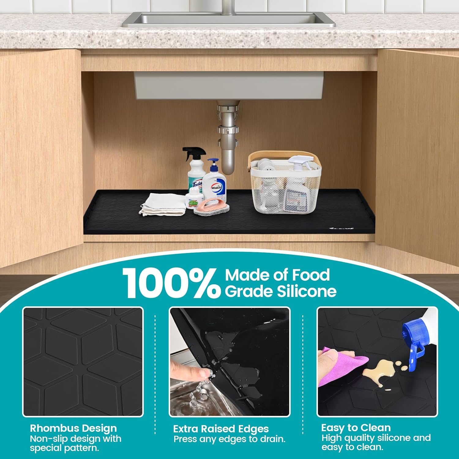 FORWOS Under Sink Mat, 34" x 22" Silicone Mats for Kitchen Waterproof, Under Sink Cabinet Organizers and Storage, Sink and Cabinet Protector, Under Sink Tray for Bathroom (Grey)