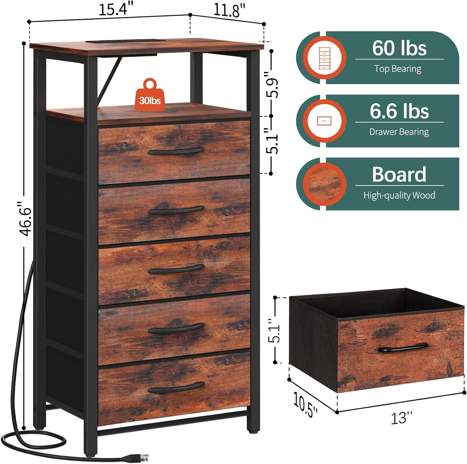 Yoobure Dresser with 4 Storage Drawers and Charging Station, Small Dresser for Bedroom, Tall Dressers & Chests of Drawers, Fabric Side Table for Closet, Nightstand Bedside Tables, Berry Brown