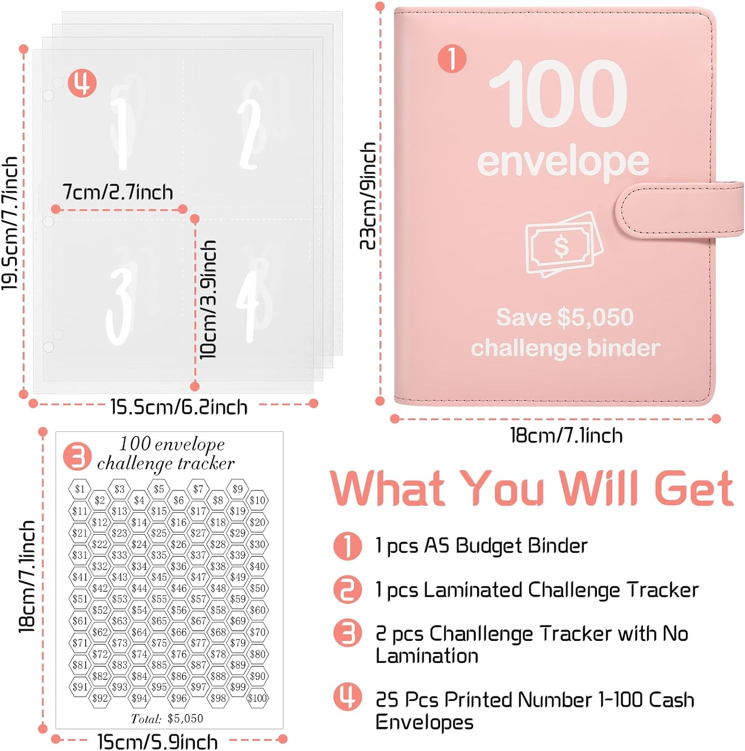 100 Envelopes Money Saving Challenge Binder with Reusable Laminated Tracker, Budget Book with Cash Envelopes, Easy and Fun Way to Save $5,050 (Pink)