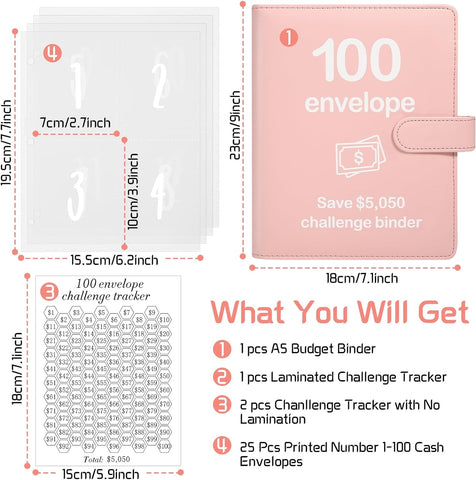 100 Envelopes Money Saving Challenge Binder with Reusable Laminated Tracker, Budget Book with Cash Envelopes, Easy and Fun Way to Save $5,050 (Pink)