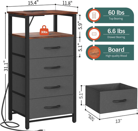 Yoobure Dresser with 4 Storage Drawers and Charging Station, Small Dresser for Bedroom, Tall Dressers & Chests of Drawers, Fabric Side Table for Closet, Nightstand Bedside Tables, Berry Brown