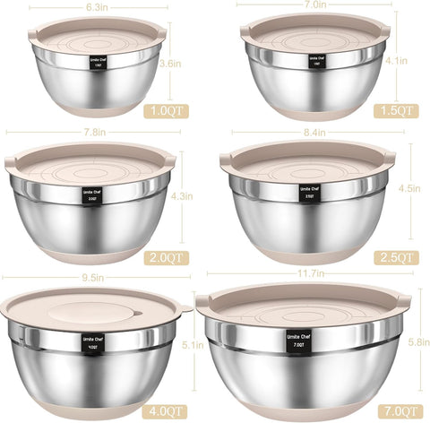 Mixing Bowls with Airtight Lids Set, 26PCS Stainless Steel Khaki Bowls with Grater Attachments, Non-Slip Bottoms & Kitchen Gadgets Set, Size 7, 4, 2.5, 2.0,1.5, 1QT, Great for Mixing & Serving