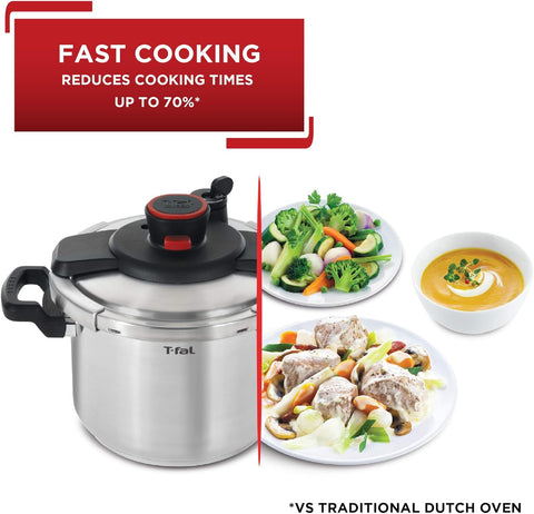 T-fal Clipso Stainless Steel Pressure Cooker 6.3 Quart Induction Cookware, Pots and Pans, Dishwasher Safe Silver