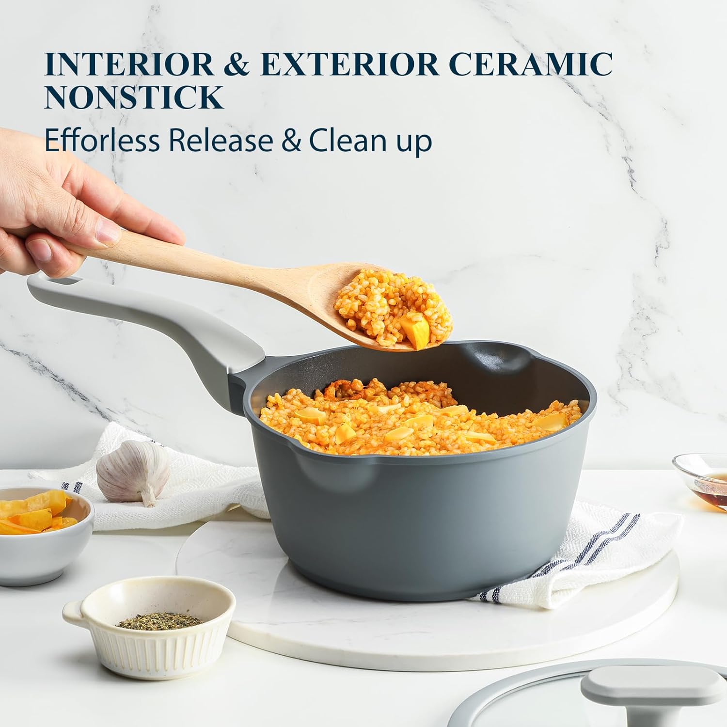 PRICUSIS Nonstick Saucepan with Lid, 2 Quart Ceramic Sauce Pan, Non Toxic Sauce Pot with Pour Spouts for Multipurpose Use, PTFE, PFOA & PFAS Free, Induction Compatible.